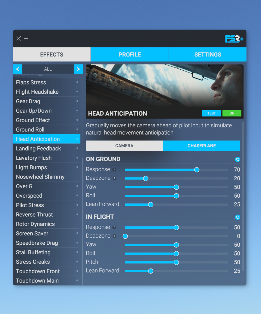 Software interface showing "Head Anticipation" settings with sliders for response, dead zone, and lean forward adjustments.