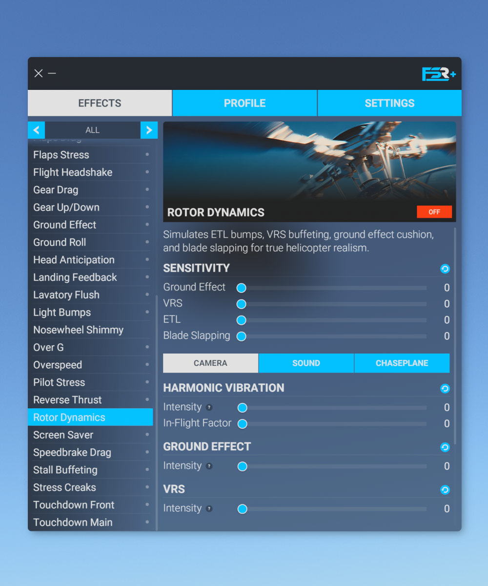 Helicopter simulation software interface showing effects settings like Rotor Dynamics and Harmonic Vibration.