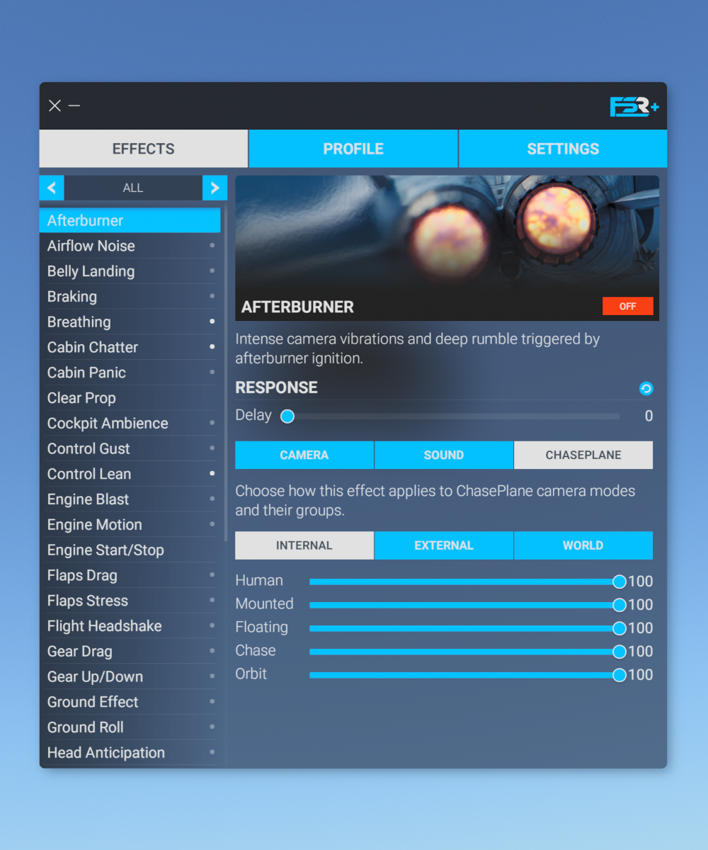 Afterburner settings interface showing camera vibration options and intensity sliders for different modes.