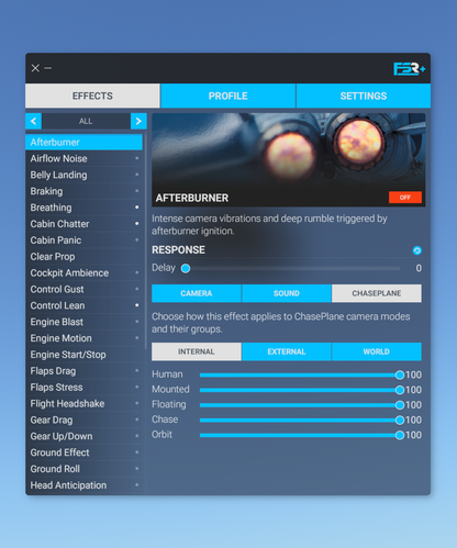 Afterburner settings interface showing camera vibration options and intensity sliders for different modes.