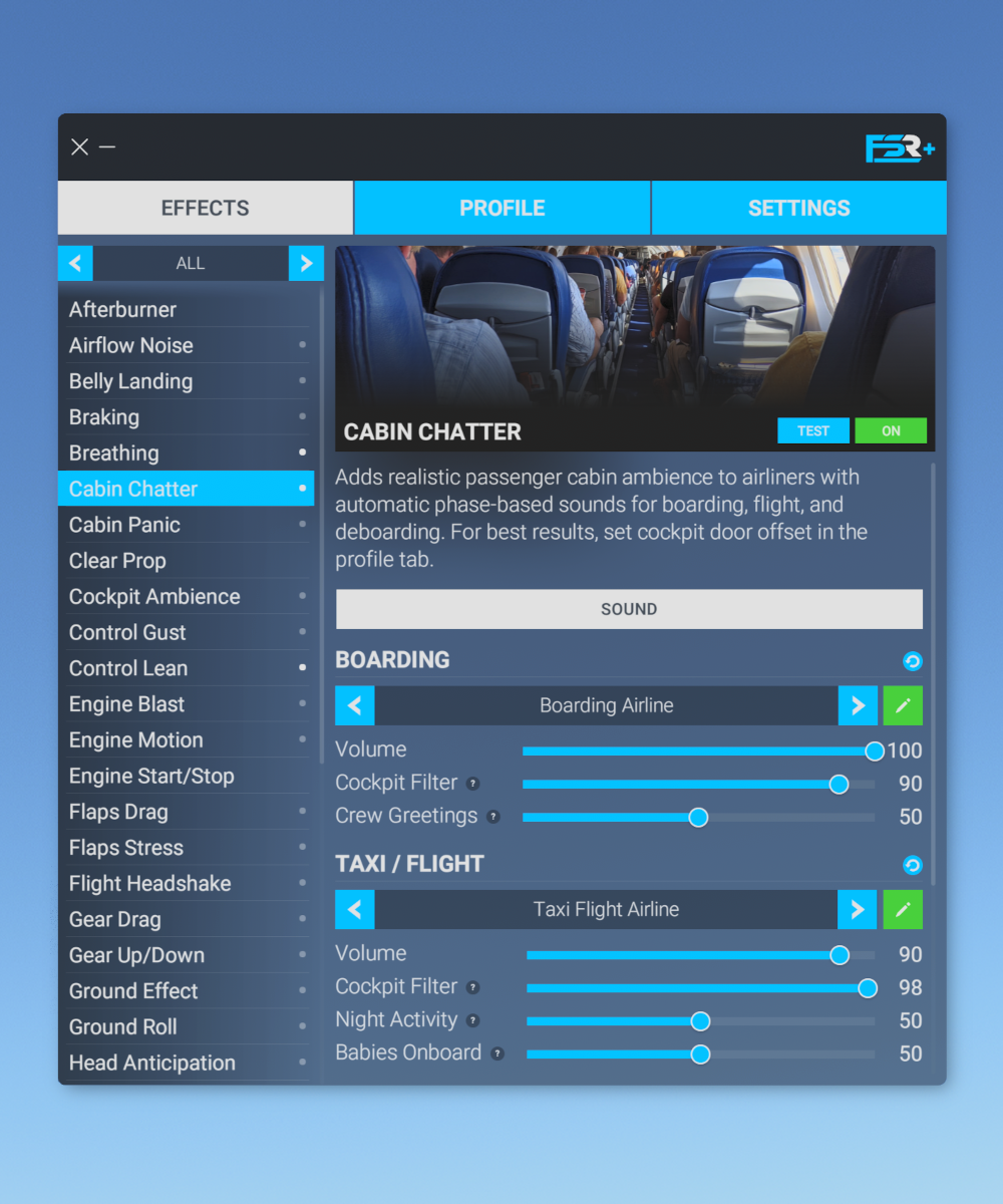 User interface screenshot showing sound effects settings for an airline simulation app, including options for "Cabin...
