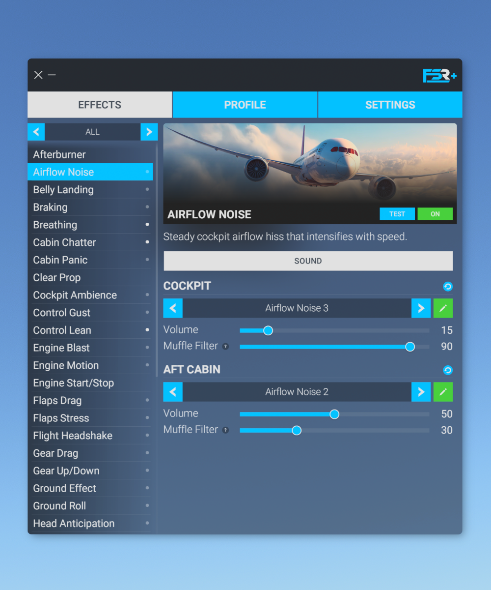 Cockpit noise control software interface showing airflow noise settings with sliders for volume and filters.