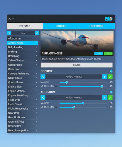 Cockpit noise control software interface showing airflow noise settings with sliders for volume and filters.