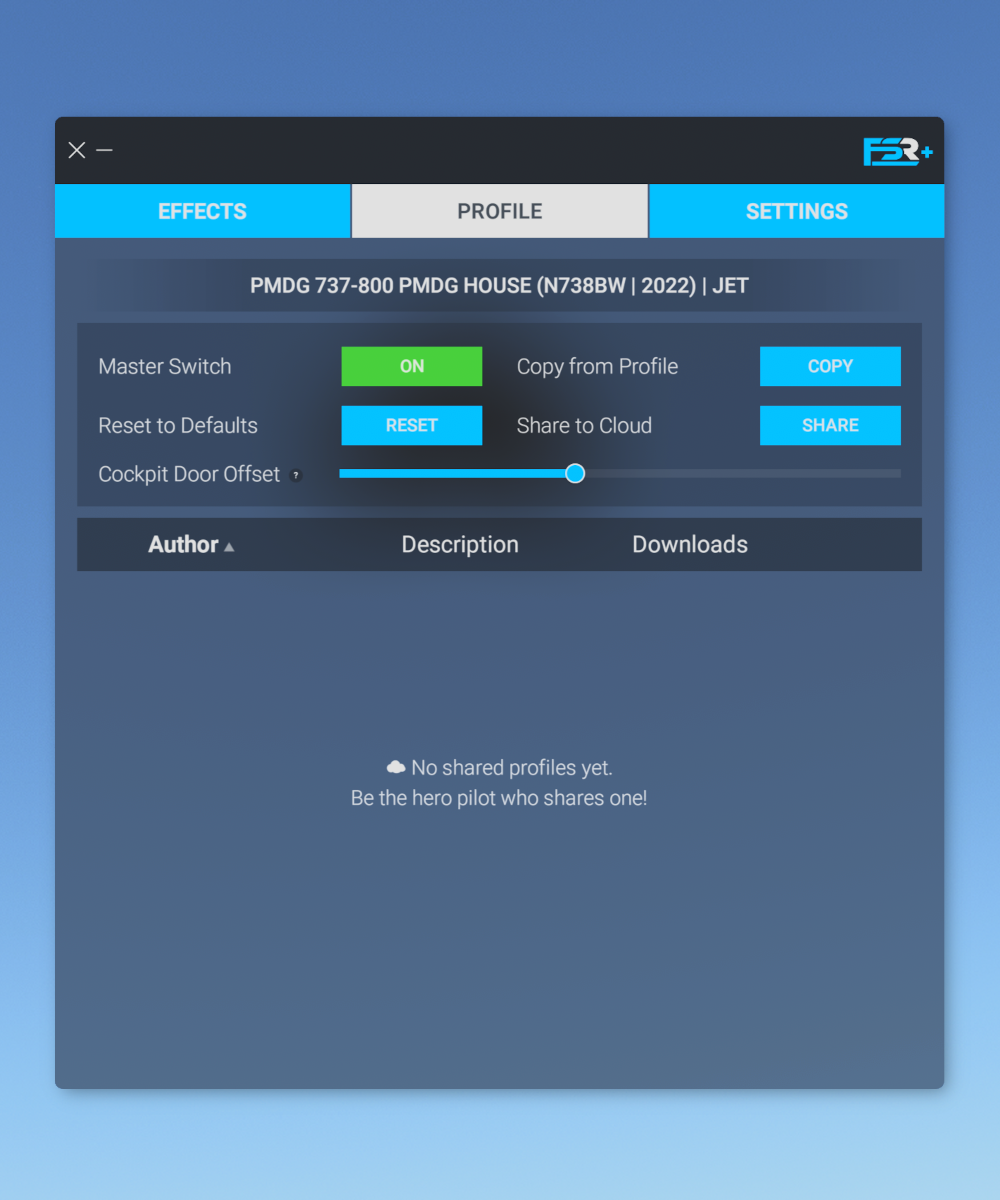 PMDG 737-800 profile settings interface showing options for effects, master switch, and cockpit door offset.