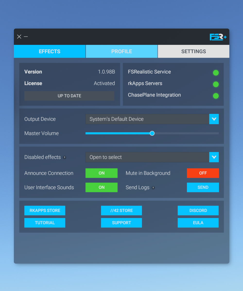 FSRealistic software interface showing version, license status, output device settings, and various toggle options.