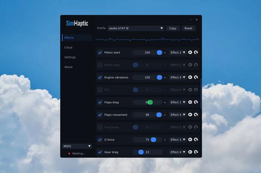 Black software interface with various sliders and settings for haptic effects against a blue sky background.